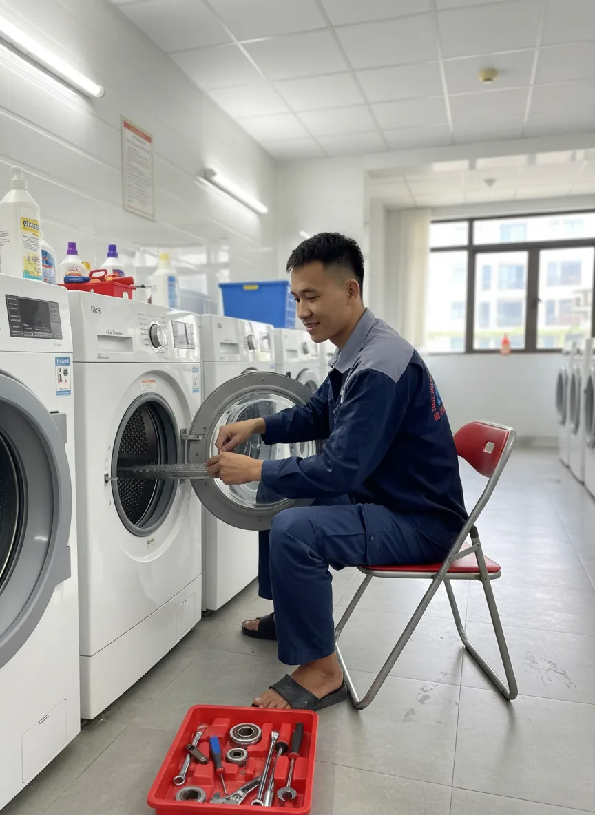 Thợ đang kiểm tra và thay bạc đạn máy giặt tại Đà Nẵng