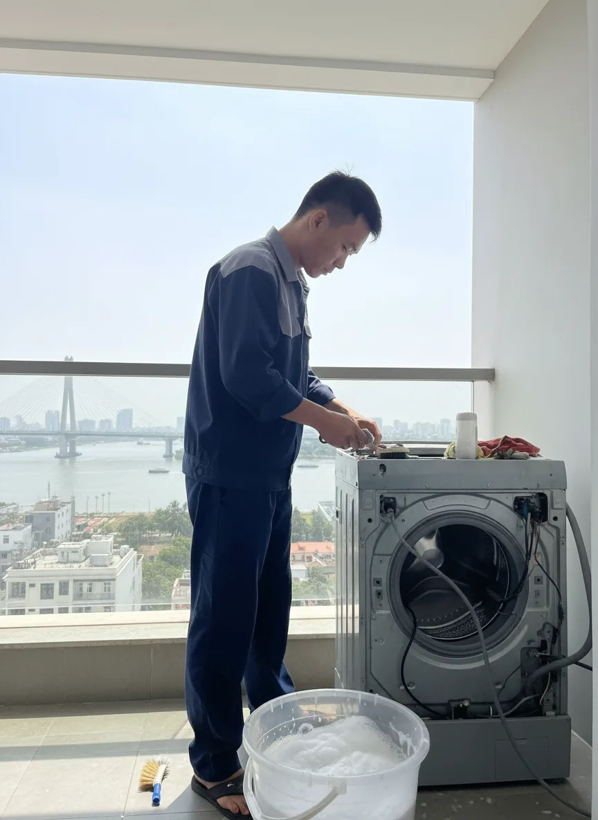 Thợ đang tháo lồng vệ sinh máy giặt cửa ngang tại Đà Nẵng