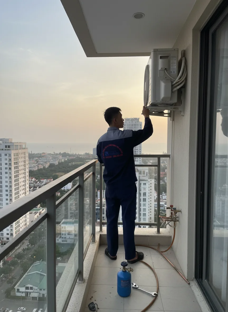 Thợ hàn xử lý lỗ mọt xì gas trên dàn nóng máy lạnh