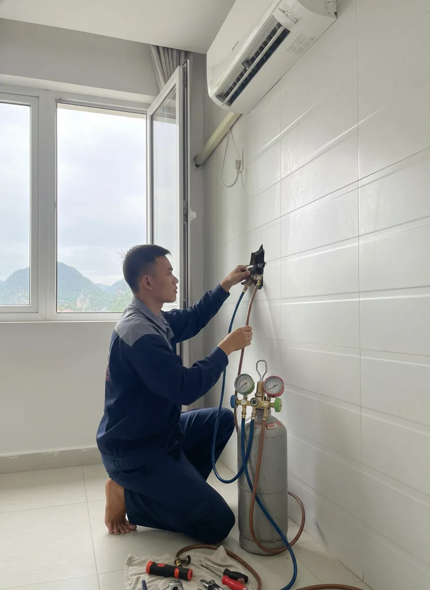 Thợ tháo mặt nạ vệ sinh dàn lạnh tại văn phòng Hải Châu